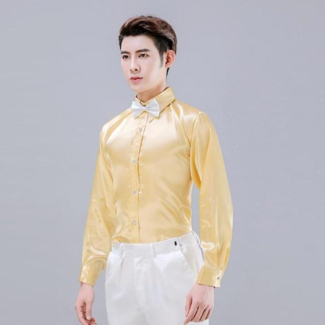サテンシャツ メンズシャツ ワイシャツ 蝶ネクタイ付き 長袖シャツ 