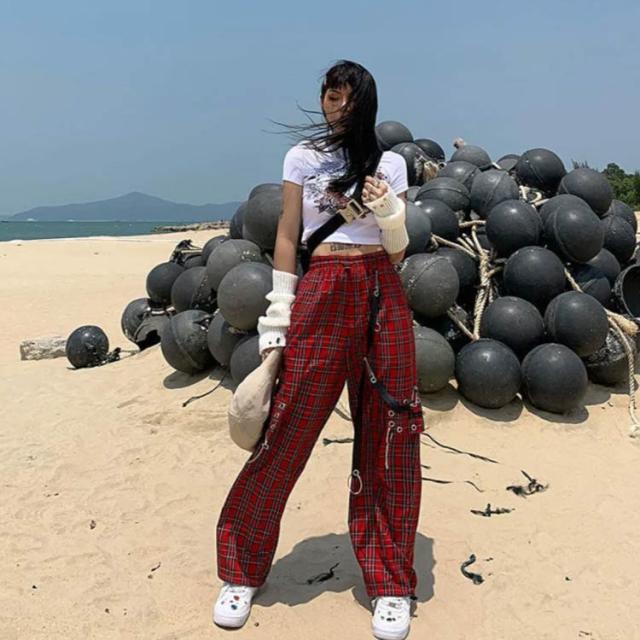 ワイドパンツ ハイウエスト アシンメトリー 柄パン アクセサリー