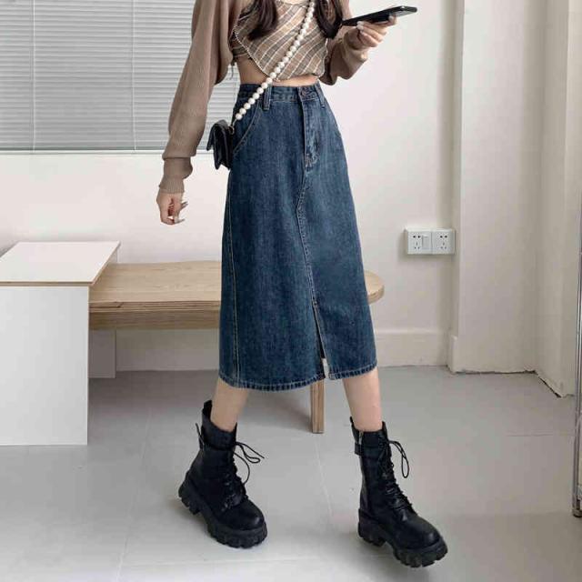 デニム スカート スリット 前開き ボタン ハイウェスト ロング