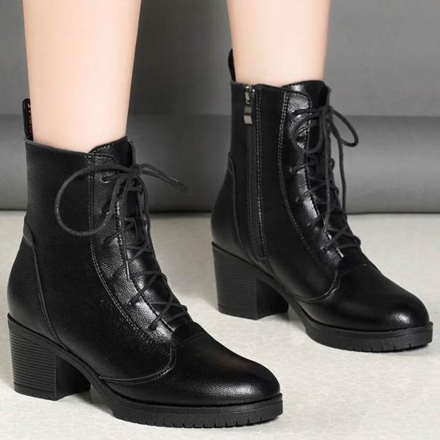 レディース レースアップブーツ 本革 フラット サイドジップ ショート