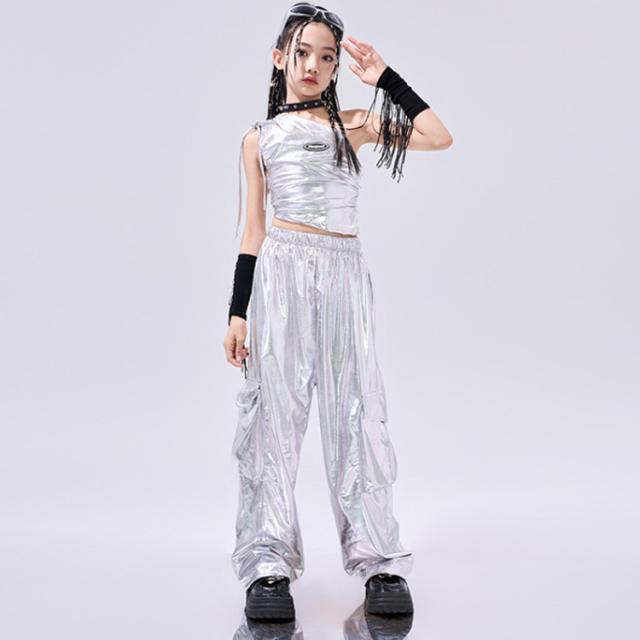 シルバー 韓国 長袖 ダンス衣装 トップス jazz 上下3点セット キラキラ 