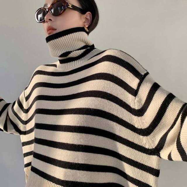 長袖ニット ニット ニット ボーダー柄 長袖 ボーダー柄 タートルネック 