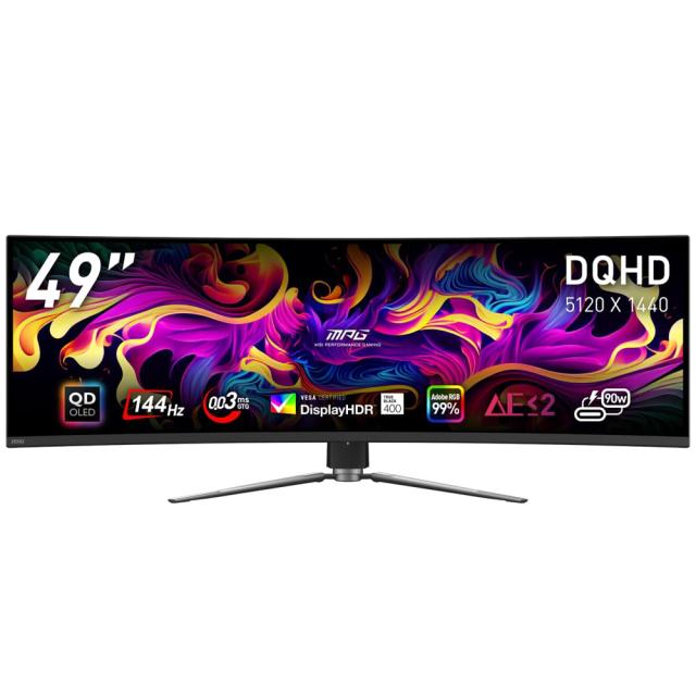 MSI｜エムエスアイ MPG-491CQP-QD-OLED ゲーミング液晶ディスプレイ(49型/曲面型/QD-OLED/DQHD 5120×1440/144Hz/0.03ms/HDR400/HDMI2.1/DP1.4a/USB TYPE-C/VESA/PIP・PBP対応/3年保証)(ブラック)[MPG491CQPQDOLED] 返品種別A