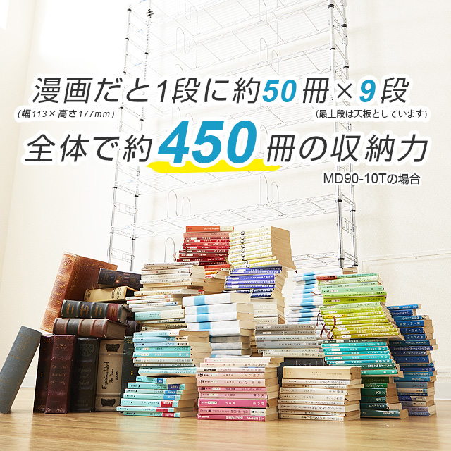ルミナス 突っ張りテンションラック 本棚 大容量 ブックシェルフ(10段・幅93×奥行23×高220〜280cm) MD90-10T返品種別A