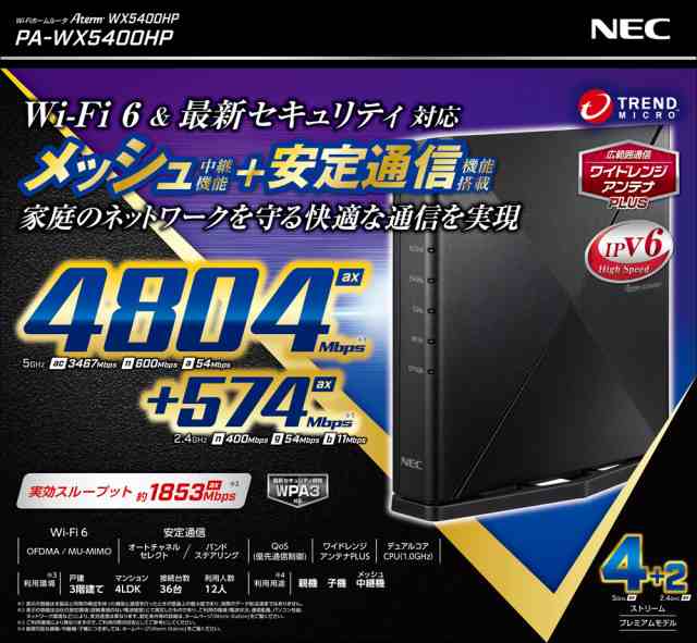 NEC PA-WX5400HP 11ax（Wi-Fi 6）対応 無線LANルーター親機