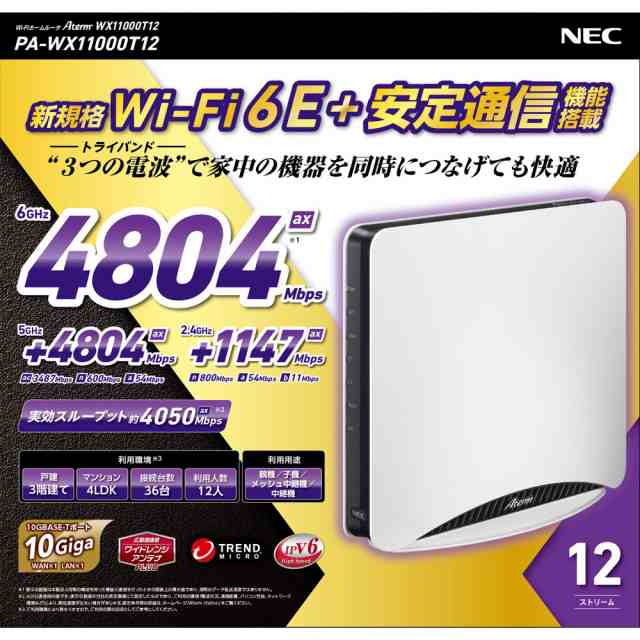 NEC PA-WX11000T12 Wi-Fi 6E(11ax)対応トライバンド(6GHz+5GHz+2.4GHz)無線LANルーター Aterm WX11000T12[PAWX11000T12] 返品種別B