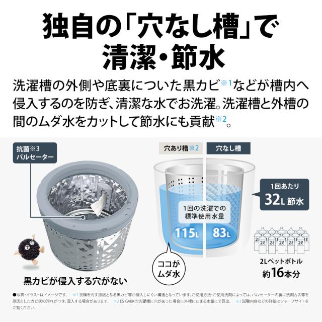 シャープ ES-GV8K-W 8.0kg 全自動洗濯機　ホワイト系SHARP[ESGV8KW] 返品種別A