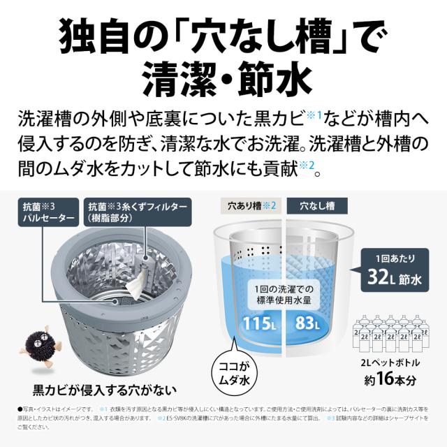 シャープ ES-SV8K-W 8.0kg 全自動洗濯機　ホワイト系SHARP[ESSV8KW] 返品種別A