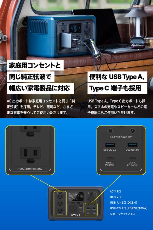 AVIOT PS-F500-NV ポータブル電源 512Wh AC出力コンセント3口 USB-C出力搭載 ネイビーAVIOT POWER PIECE PS-F500[PSF500NV] 返品種別B_7