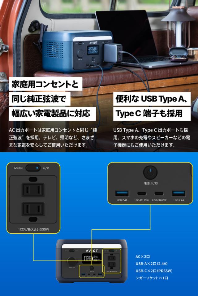 AVIOT PS-F300-NV ポータブル電源 204Wh AC出力コンセント2口 USB-C出力搭載 ネイビーAVIOT POWER PIECE PS-F300[PSF300NV] 返品種別B_9