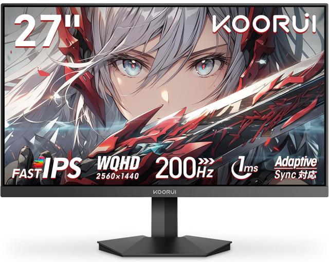 KOORUI｜クールイ G2721P ゲーミング液晶ディスプレイ(27型/Fast IPS/WQHD 2560×1440/200Hz/1ms/HDR400/HDMI2.0/DP1.4/VESA)(ブラック)[G2721P] 返品種別A