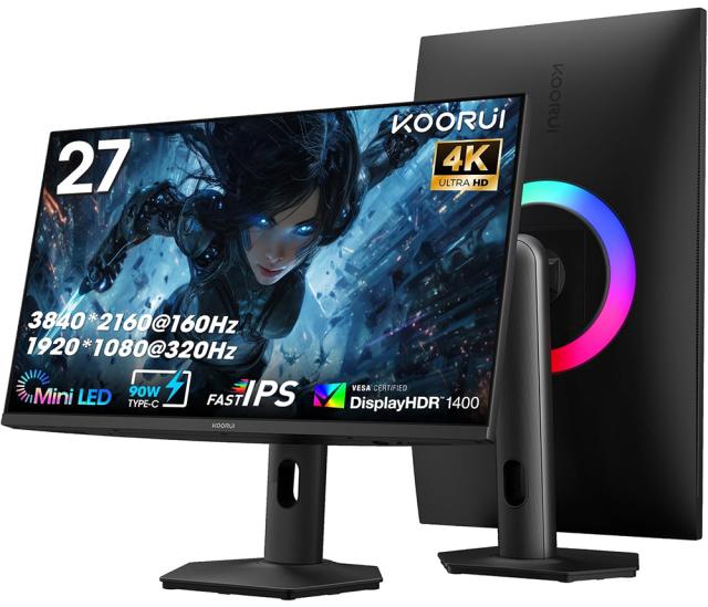 KOORUI｜クールイ 2741LM ゲーミング液晶ディスプレイ(27型/Fast IPS/4K UHD 3840×2160/320Hz/1ms/HDR1400/HDMI2.1/DP1.4/USB Type-C/VESA)(ブラック)[2741LM] 返品種別A