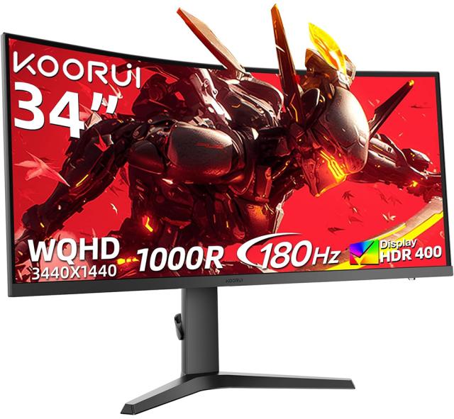 KOORUI｜クールイ 34E6UC ゲーミング液晶ディスプレイ(34型/湾曲/VA/UWQHD 3440×1440/180Hz/1ms/HDR400/HDMI2.0/DP1.4/VESA)(ブラック)[34E6UC] 返品種別A