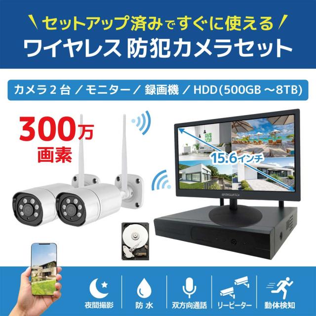 ブロードウォッチ 300万画素ワイヤレス防犯カメラセット(カメラ2台/HDD容量：1TB) SEC-W-M2CH-16L-1T返品種別A