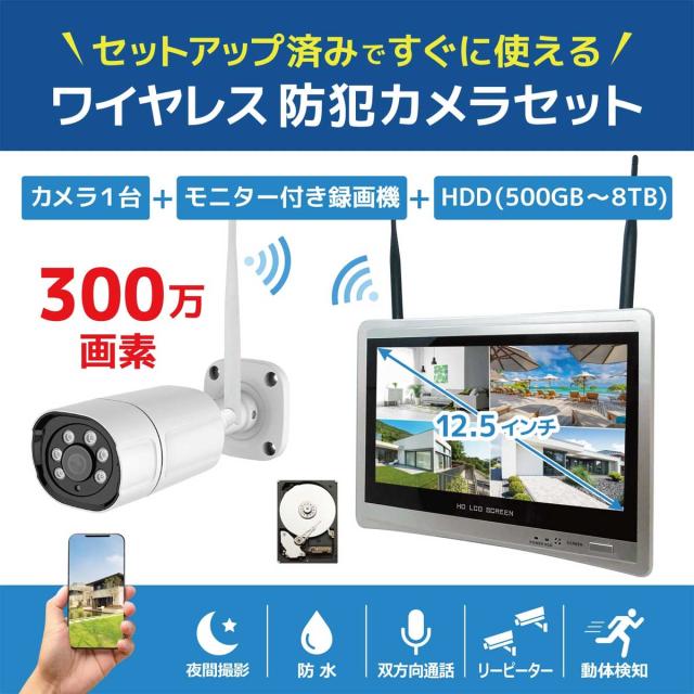 ブロードウォッチ 12.5インチLCD一体型ワイヤレス防犯カメラセット(カメラ1台/HDD容量：1TB) SEC-W-ML1CH-1T返品種別A