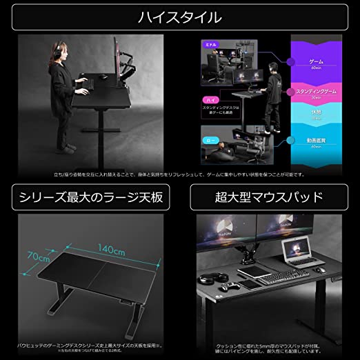 バウヒュッテ BHD-1400FAM-BK 電動スーパーゲーミングデスク（ブラック）【脚部のみ・天板別売り】Bauhutte[BHD1400FAMBK] 返品種別A_5