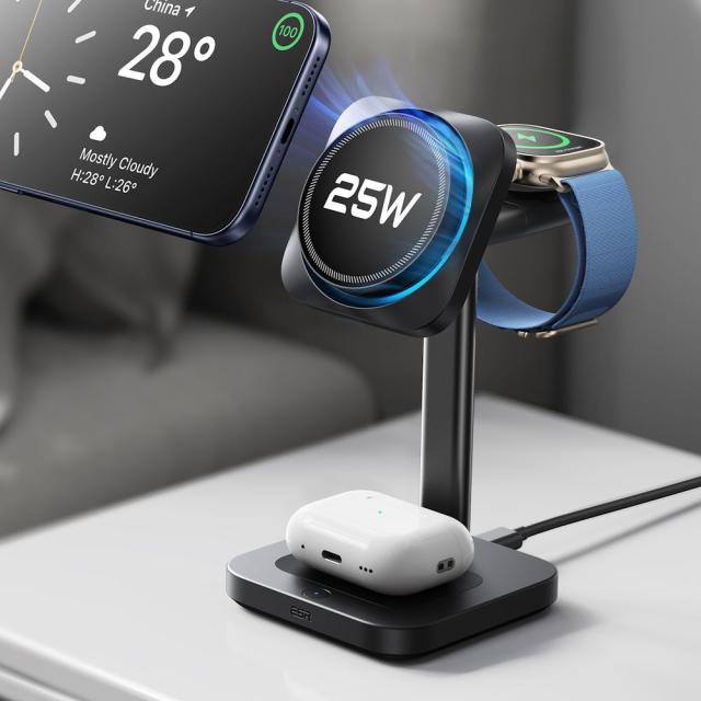 ESR Qi2対応ワイヤレススマホ充電器 CryoBoost 3-in1マグネット充電ステーション 25W（Black） 2C5880601返品種別A_1