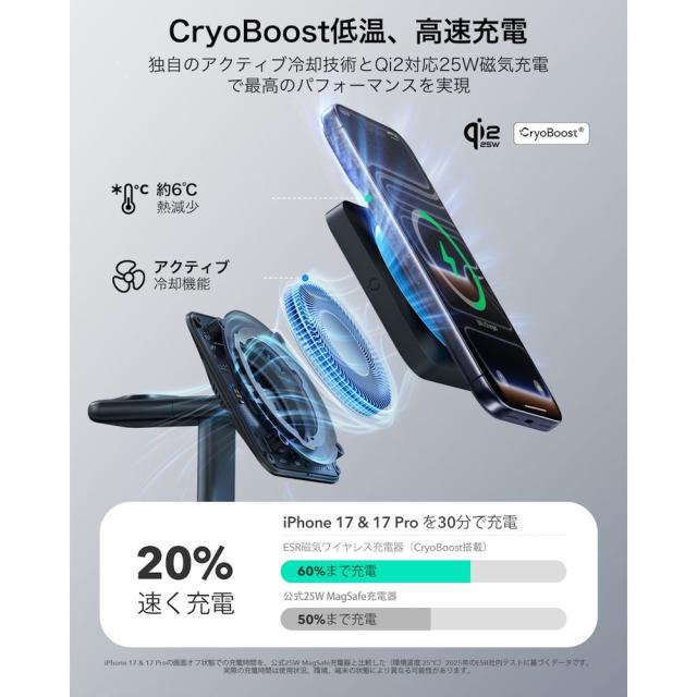 ESR Qi2対応ワイヤレススマホ充電器 CryoBoost 3-in1マグネット充電ステーション 25W（Black） 2C5880601返品種別A_3