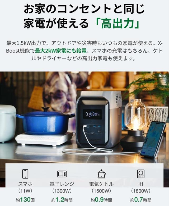 エコフロー ポータブル電源 1536Wh ACコンセント6口　USBーC出力搭載 EcoFlow Delta 3 1500 EFDELTA1500JPBCBOX返品種別B_10