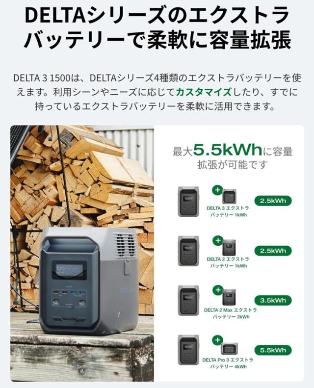 エコフロー ポータブル電源 1536Wh ACコンセント6口　USBーC出力搭載 EcoFlow Delta 3 1500 EFDELTA1500JPBCBOX返品種別B_12