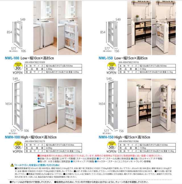 田窪工業所 トールワゴン High150（マットホワイト・幅15.6×奥行57.7×高さ165.4cm） TKB-NWH-150返品種別A