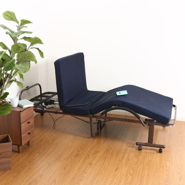 不二貿易 折たたみ電動ベッド 高床タイプ （ネイビー） サイズ(約)：幅100cm×奥行207.5cm×高さ52.5cm　FU-05-5H-42 14745返品種別B