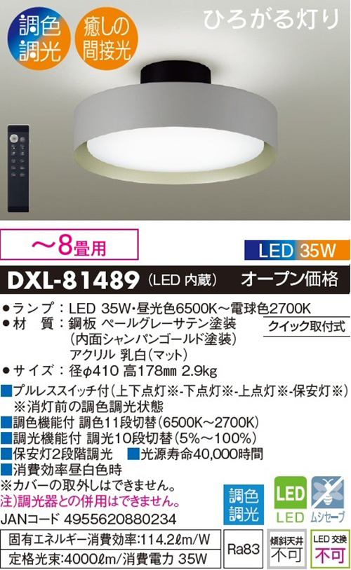 ダイコー DXL-81489 6畳〜8畳用 LEDシーリングライト グレー【カチット