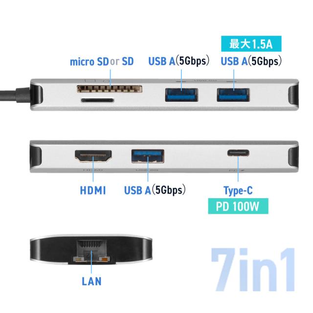 サンワサプライ USB-DKM11S USB Type-C 7in1 ドッキングステーション（HDMI・USB A・LAN・カードリーダー）[USBDKM11S] 返品種別A_5