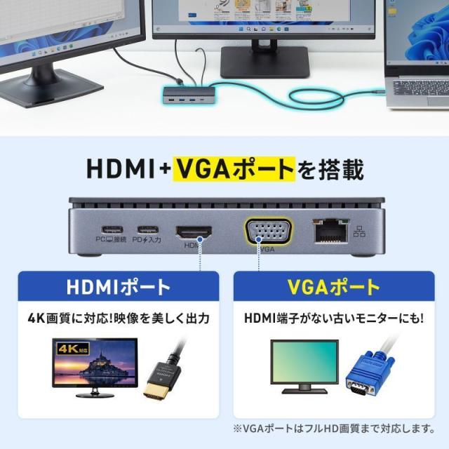 サンワサプライ USB-CVDK19 USB Type-Cドッキングステーション HDMI/VGA・2画面出力対応（ブラック）[USBCVDK19] 返品種別A