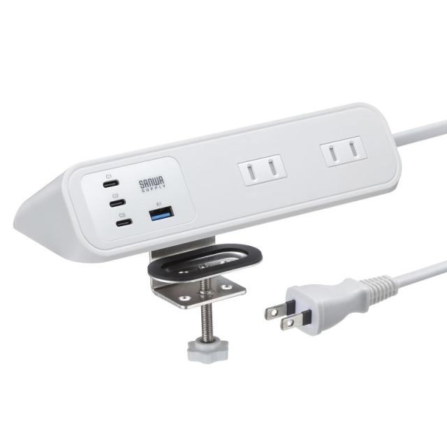 サンワサプライ TAP-B114UC-2W クランプくっ付ける式飲み口（AC4個口＋USB-C×3＋USB-A×1・PD65W・2m・白いこと）[TAPB114UC2W] 返品カテゴリー化A