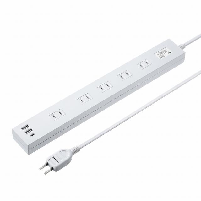 サンワサプライ TAP-SP2110NUC-1W 雷タップ 10個口＋USB-A＋Type-C（PD20W）ホワイト・1m[TAPSP2110NUC1W] 返品種別Aの通販は