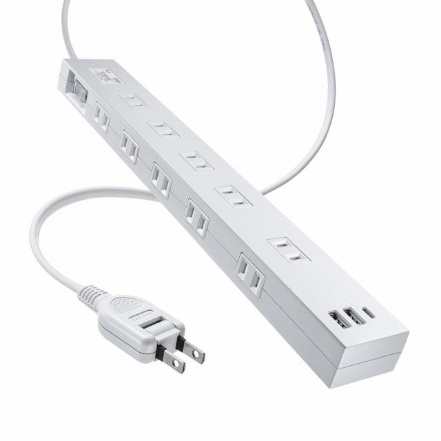 サンワサプライ TAP-SP2110NUC-1W 雷タップ 10個口＋USB-A＋Type-C（PD20W）ホワイト・1m[TAPSP2110NUC1W] 返品種別Aの通販は