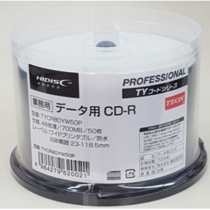 HIDISC データ用CD-R［48倍速対応 /700MB /インクジェット対応 /プリンタブル（ワイド/ホワイト） /50枚］ TYCR80YW50P返品種別A