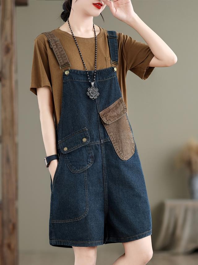 カラーブロックパッチワークルーズフィット調節可能なストラップカジュアルスタイルデニムオーバーオールショートオールダンガリー、レディースデニムジーンズ＆衣料品