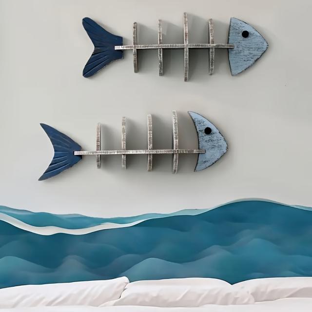 【新品?未使用】ウォールシェルフ 68cm DIY魚骨デザイン 地中海スタイル 木製棚 北欧風 インテリア 壁掛け 収納パーツ リビング 子供部屋