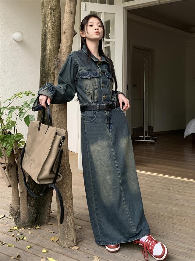 ヴィンテージリラクシーデニムワンピース、ウエストゴム、レトロ