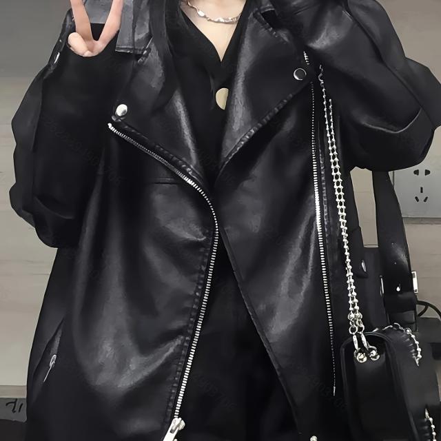 女性用フリース裏地モーターサイクルジャケット - 厚手の冬コート、PUコーティングされたジッパーフロント、ゆったりフィットカジュアルシックな黒色ジャケット、寒い天候向け、バイクギア 女性用フリース裏地モーターサイクルジャケット - 厚手の冬コート、PU