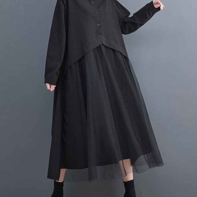 ボタンフロントミックスメディアドレス、スタイリッシュな長袖メッシュオーバーレイルーズシャツドレス、春と秋のレディース服