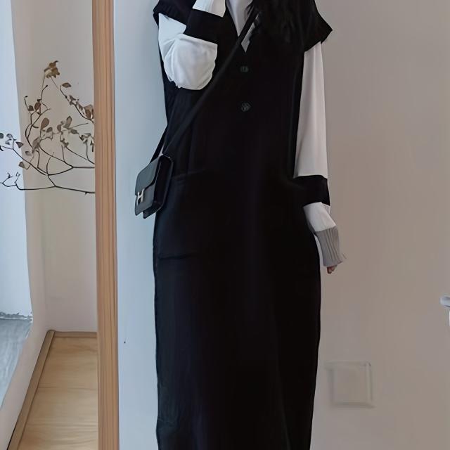 ボタン装飾ノースリーブニットドレス、カジュアル V ネックデュアルポケットベストドレス秋冬、婦人服