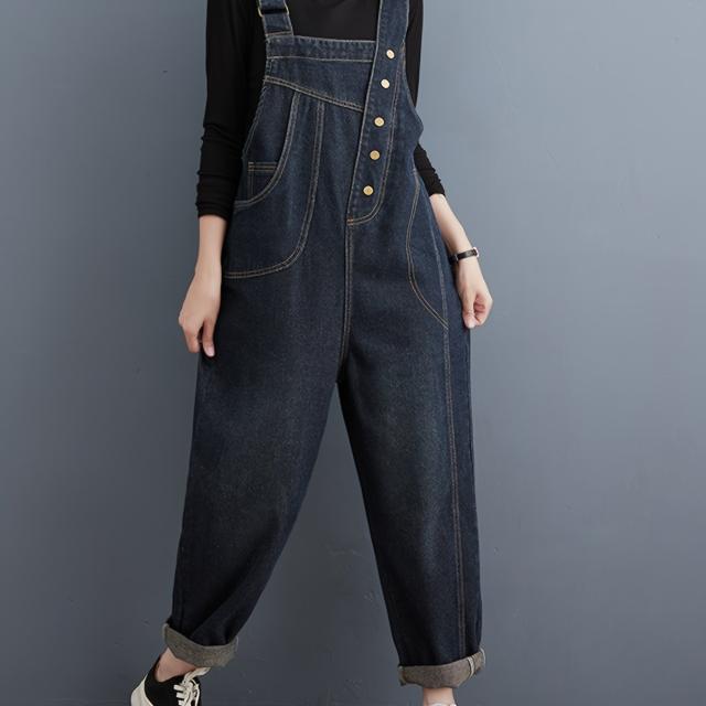 シンプルダークウォッシュブルーデニムオーバーオール、女性用、調節可能