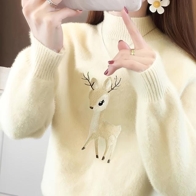 鹿柄モックネックセーター、秋冬の可愛い長袖セーター、レディース服