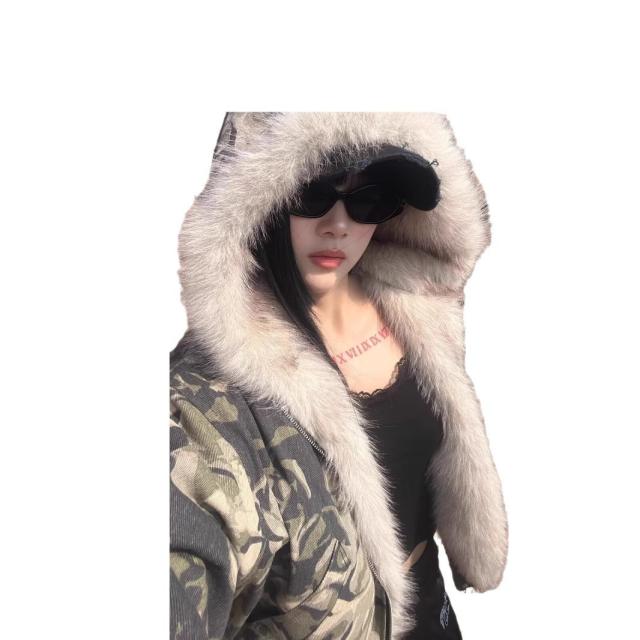 オーバーフィット ルーズ y2k デイリー 冬 アウター ファージャケ 迷彩