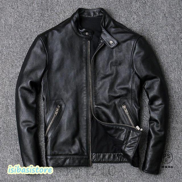 革ジャン レザージャケット メンズ 本革 バイク ライダース 牛革 羊革 シングル ショート スリムタイプ 細身 ブランド ジャケット ミリタリー レザーコート-40