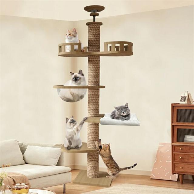 キャットタワー 突っ張り 木製 キャットツリー 木登りタワー 多層無垢 
