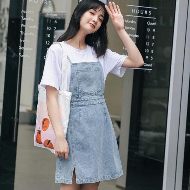 デニムワンピース サロペット ワンピース ノースリーブ サロペットワンピース ジャンパースカート スリット 膝上丈 Aライン 綿 カジュアル かわいい 森ガール 春夏 デニムワンピース サロペット ワンピース ノースリーブ サロペット