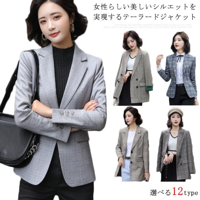 グレンチェック レディース テーラードジャケット ショートアウター 羽織り ライトアウター 長袖 Vネック ボタン付き 着痩せ 秋服 トレンド エレガント レトロ OL風 大人気 お洒落 ファッション 通勤 春秋 春新作