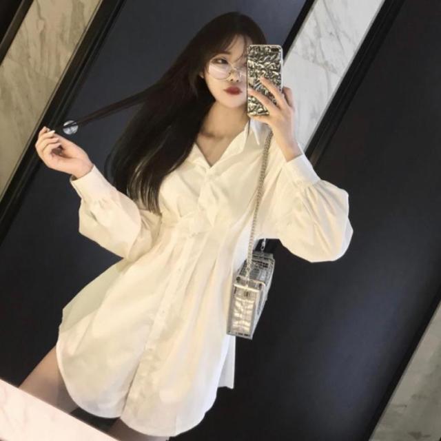 シャツワンピース ミニ ボリューム袖 ウエスト絞り 大人可愛い シャツワンピース ミニ ボリューム袖 ウエスト絞り 大人可愛い