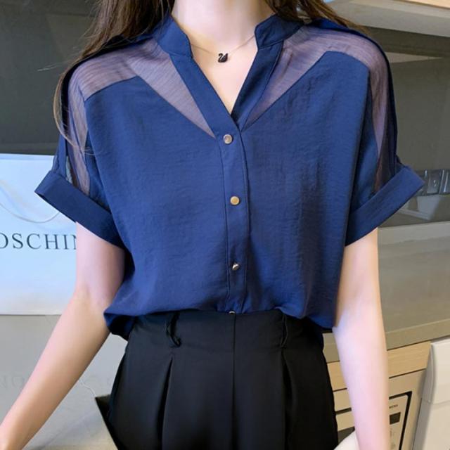 シフォンシャツ ブラウス 半袖 シャツ レディース トップス 肌見せ V