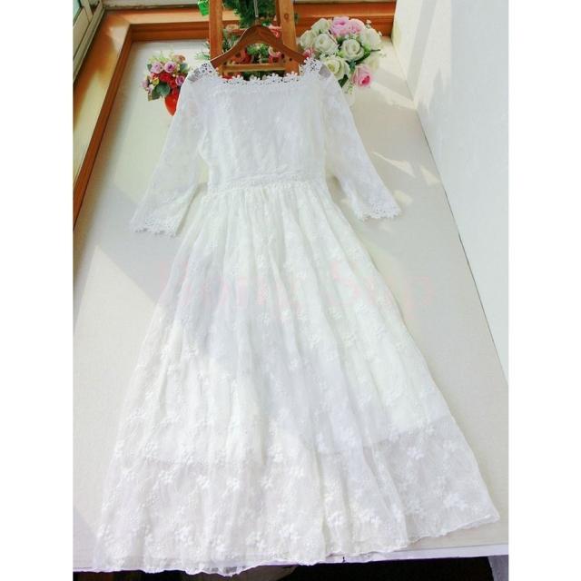 白ワンピース マキシワンピ 7分袖 レース ワンピース レディース