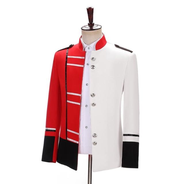 ステージ衣装 カラオケ衣装 メンズ 男性 ダンス ホワイト 白 ジャケット シングル 舞台 マジシャン 司会 イベント 発表会 忘年会 新年会 ジャケット メンズ ステージ衣装 演出服 赤 白 バイカラー カラオケ